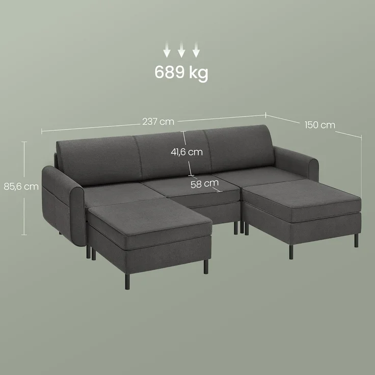 Songmics HOME - Modulares Sofa, U-förmiger Couch, 5-Sitzer, Schlafsofa mit Fußmodulen, Tiefe Sitze, hohe Füße, modern, für Wohnzimmer, schiefergrau LCS063G01 – Bild 2