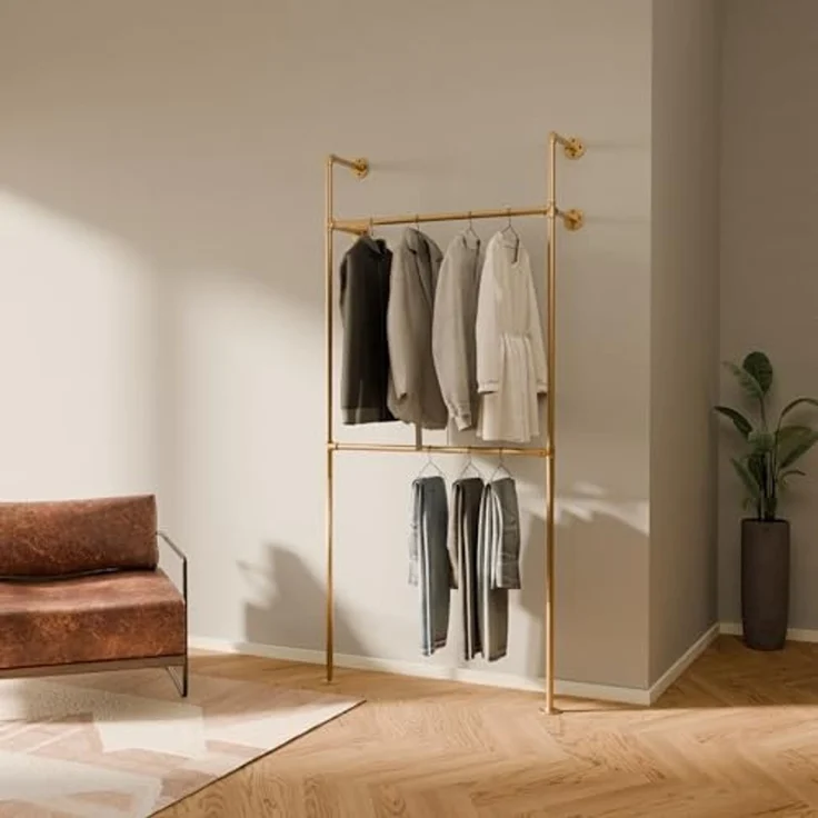 pamo. design Kleiderständer KIM DOUBLE Industrial Kleiderstange zur Wandmontage, (Set, 1), Offener Kleiderschrank / Garderobe aus goldenen Wasserrohren – Bild 1