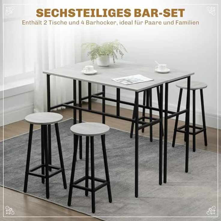 HOMCOM Bargruppe Bartisch-Set im Industriedesign, (Set, 6-tlg), 6-teilig Essgruppe 2 Bartisch mit 4 Stühlen Grau, Schwarz – Bild 6