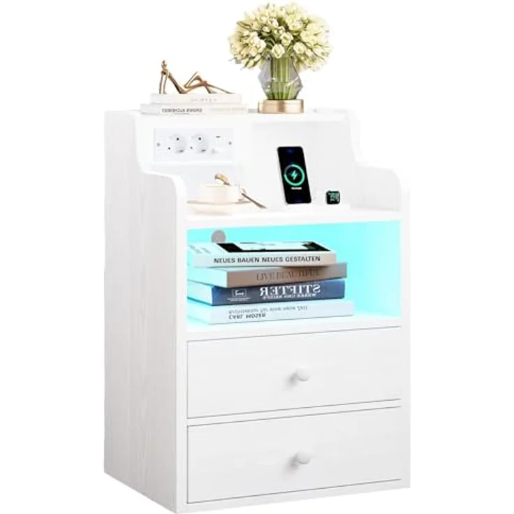 IRONCK Nachttisch LED mit Steckdose und Ladefunktion, Beistelltisch Holz, Nachtschrank mit 2 AC, 1 USB& 1 Type-C Anschlüsse, Sofatisch mit 2 Schubladen, Nachtkästchen Wohnzimmer,Schlafzimmer, Weiß – Bild 2