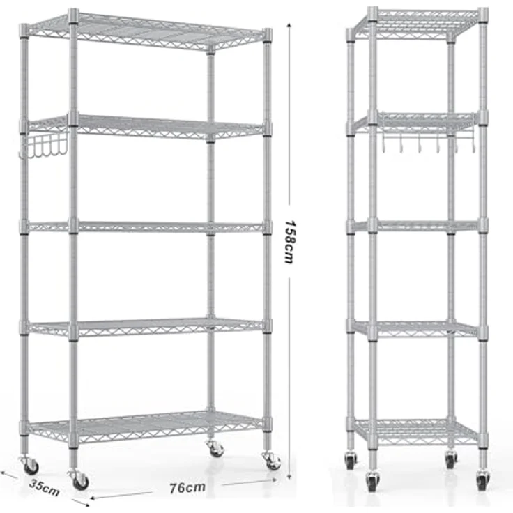 Regal mit 5 Regalböden und Rädern, Robustes Metalldrahtregal mit Haken, höhenverstellbar, für Badezimmer, Küche, Garage (76 x 35 x 158 cm), Silber – Bild 4