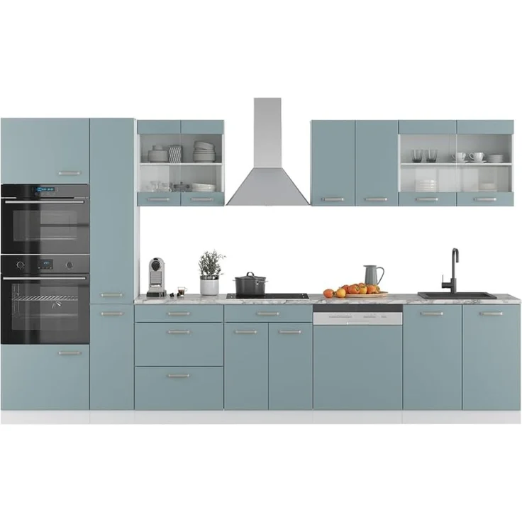 Küchenzeile R-Line Blau-Grau/Weiß 350 cm mit Hochschrank, ohne Arbeitsplatte Vicco – Bild 7