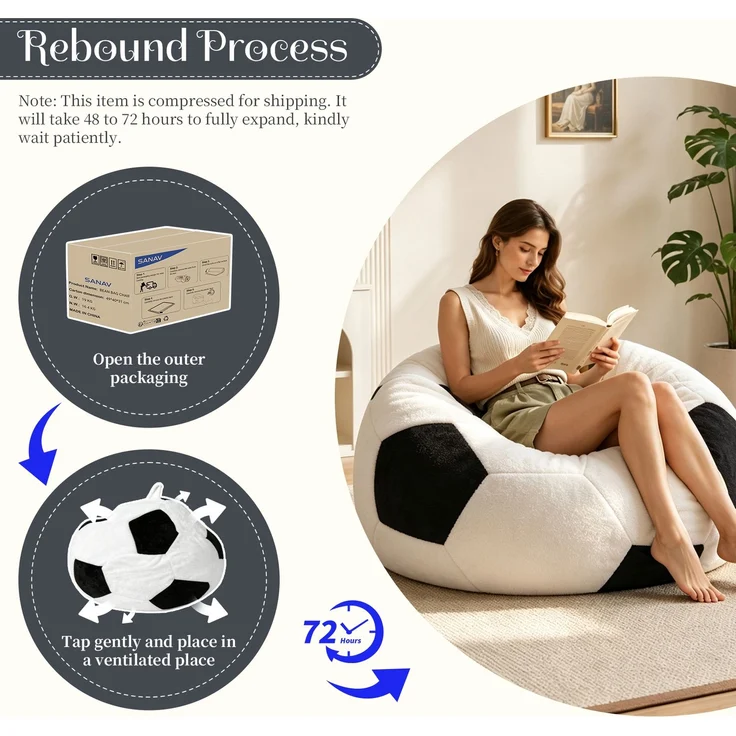 Kleiner, fußballförmiger Sitzsack, mehrfarbige Ziernähte, großer Sitzsack, bequemes Sofa zum Entspannen für Schlafzimmer, Wohnzimmer, Leseecke, Lounge-Sessel für Erwachsene und Jugendliche – Weiß + Schwarz – 48 x 38 x 21 cm – YOUDENOVA – Bild 7