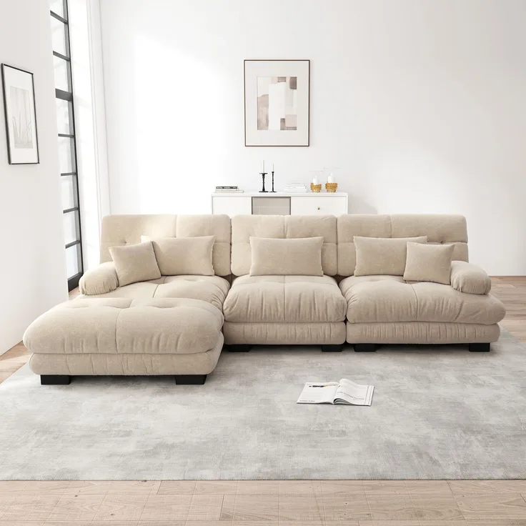 Ecksofa, Luxuriöses modulares Ecksofa Übergroßes L-förmiges Cloud Couch für Wohnzimmer tiefes Schlafsofa mit Ottoman, Cord+Chenille, Hellbraun