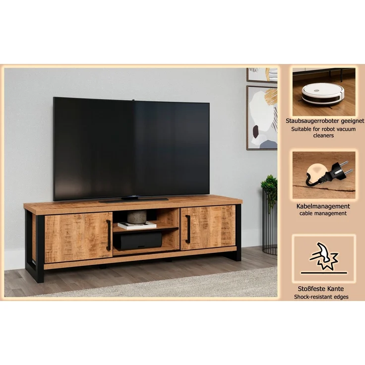 trendteam smart living - Enna - TV-Schrank - Mango/Schwarz - TV-Lowboard mit 2 Türen, 2 offene Fächer und 3 Einlegeböden - (BxHxT) 166 x 50 x 45 cm - Wohnzimmermöbel für Fernseher bis 65" – Bild 3