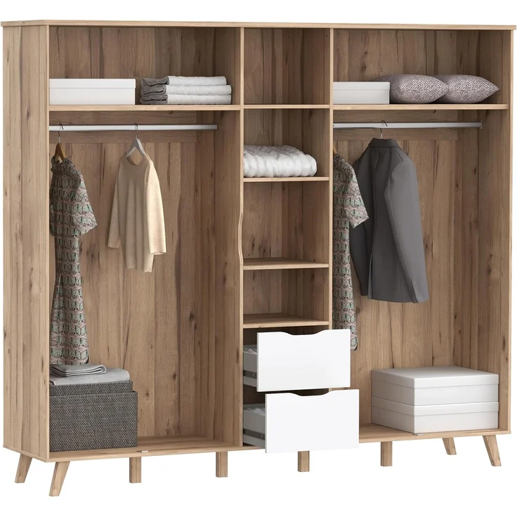 Forte VANKKA Kleiderschrank 230, Skandi Schrank mit 5 Drehtüren und 2 Schubladen, Filigrane Möbelbeine, Holzwerkstoff, Planked Eiche Holzdekor | Weiß, 228,8 cm breit x 201,5 cm hoch x 52,7 cm tief – Bild 7
