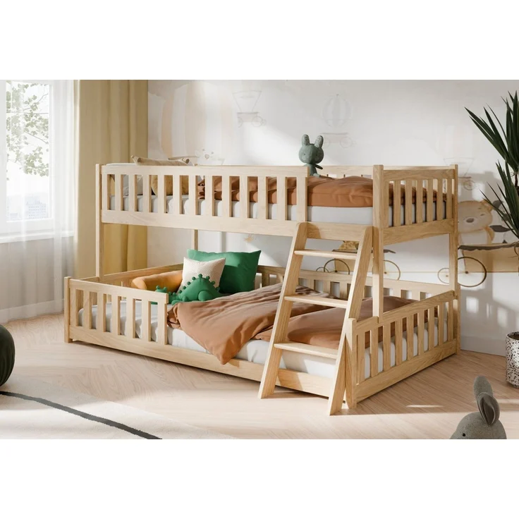 Kids Collective Etagenbett Hochbett Kinderbett 90x200/120x200 cm Rausfallschutz & Lattenrost, Mit Leiter, massives Kiefernholz, Natur – Bild 1