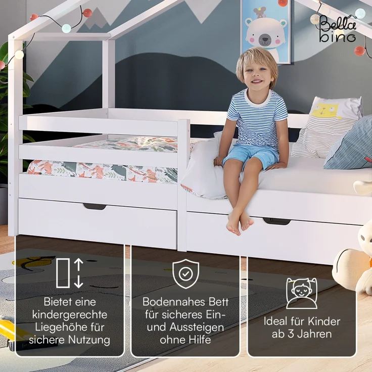 Bellabino 'Abia' Hausbett 90x200 cm mit 2 Schubladen, weiß, Kiefer Massivholz, Montessori Kinderbett mit Stauraum, inkl. Rausfallschutz und Lattenrost – Bild 3