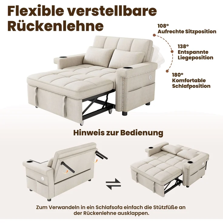 Merax 2-Sitzer Sofa, Schlafsofa mit Schlaffunktion, LED-Beleuchtung, USB/Type-C-Ladeanschluss, verstellbare Rückenlehne, Kissen, Getränkehalter, Seitentasche, Chenille Stoff, Beige – Bild 6