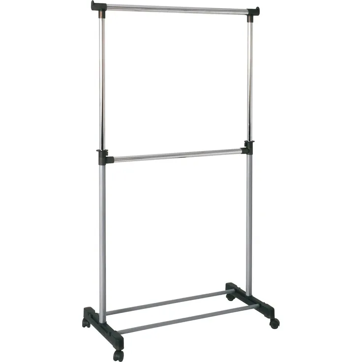 Haku Rollgarderobe höhenverstellbar mit Rollen, Gestell aus Stahlrohr in Alu-Chrom-Optik, Anbauteile Kunststoff grau, 90x43x120-210 cm