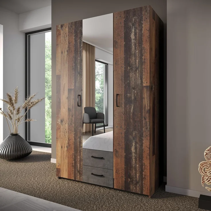Forte ECONOBOX Kleiderschrank 120, rustikal, 3-türig, 2 Schubladen, Spiegel, Einlegeböden, Holzwerkstoff, Old Wood Vintage Holzdekor|Betonoptik Grau, 119,4 cm breit x 190,5 cm hoch x 54,4 cm tief – Bild 2
