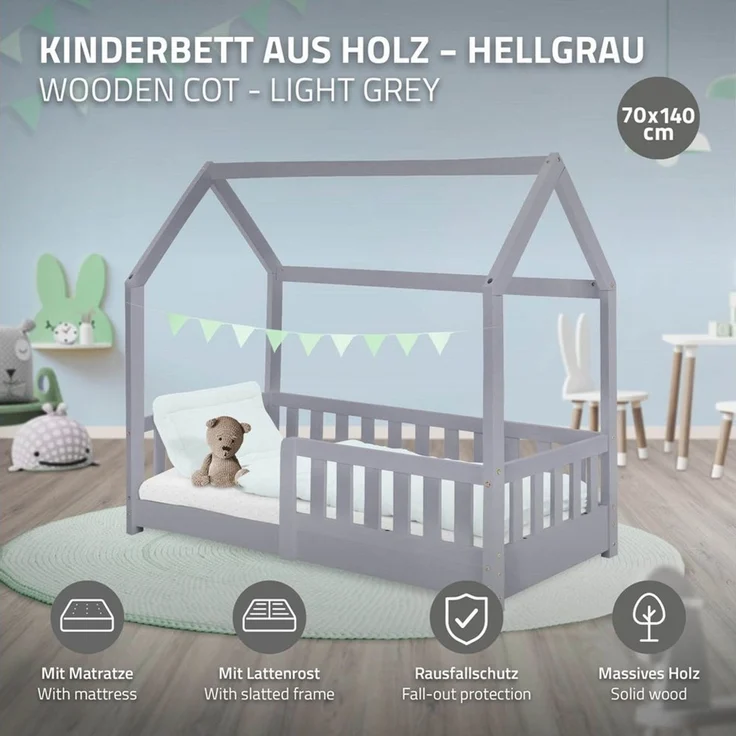 ML-DESIGN Kinderbett Hausbett Spielbett inkl. Lattenrost kreativ Bodenbett für Kinder, Abenteuerbett mit Rausfallschutz Spielbett Kiefer Hellgrau Himmelbett – Bild 2