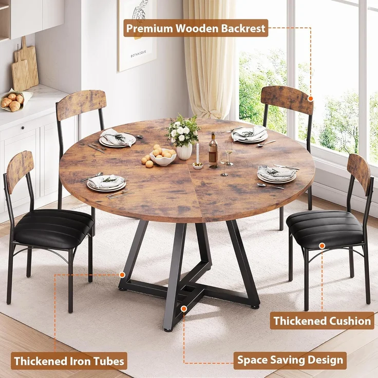 Esstisch Runder und 4 Esszimmerstühle Set, Essgruppe 5-Teilig, Küchentisch mit stabilem Metallgestell und 4 stühle, platzsparender Esszimmertisch aus Holz im Industrial Design (Vintage Braun, 107cm) – Bild 4