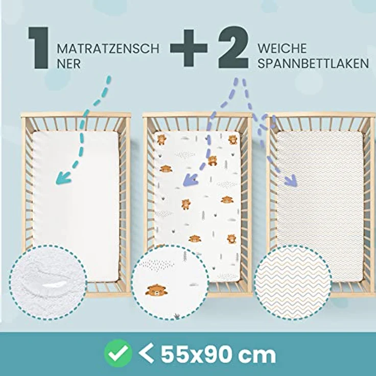 2X Spannbettlaken aus 100% Baumwolle mit Gummiband - 1X Matratzenschoner aus 100% wasserdichtem Material - 3er-Set - 55x90 cm - Teddybär – Bild 3
