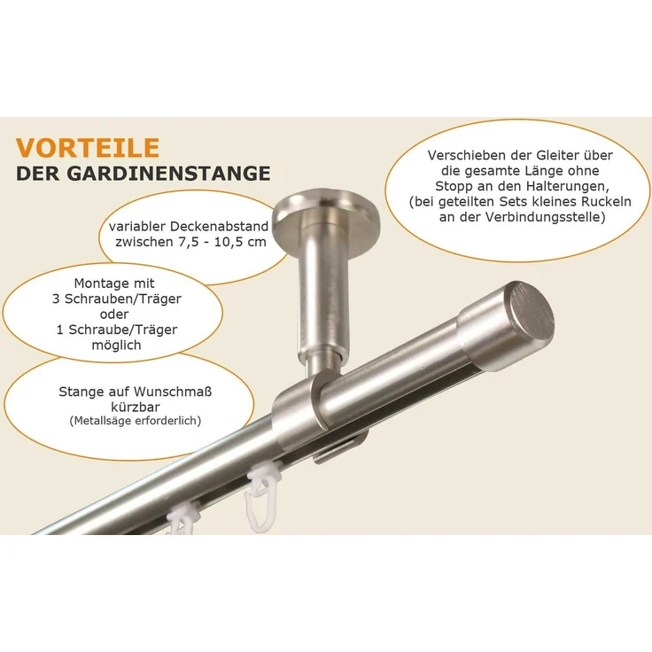 iso-design Gardinenstange Innenlauf zur Deckenmontage 20 mm Durchmesser variabler Deckenabstand, Ø 20 mm, Deckenmontage, geschraubt, Aluminium, Komplett Set 1-läufig, Deckenmontage – Bild 2