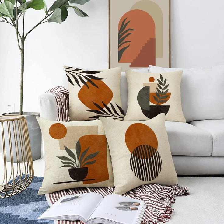 Boho Kissenhüllen 45×45 cm 4er-Set Abstrakte Sunset Plant Olive, Minimalist Modern Art, Bohemian Dekoration – Bild 3