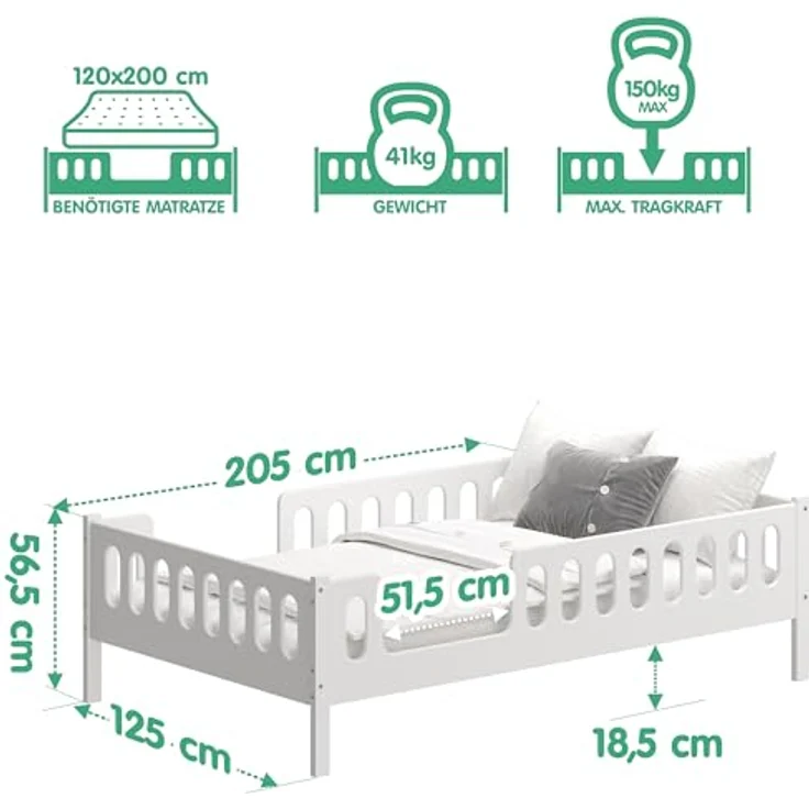 CADANI LARS 2in1 Kinderbett Jugendbett 120x200 cm Weiß, Rausfallschutz abnehmbar, Zum Jugendbett umbaubar – Bild 4
