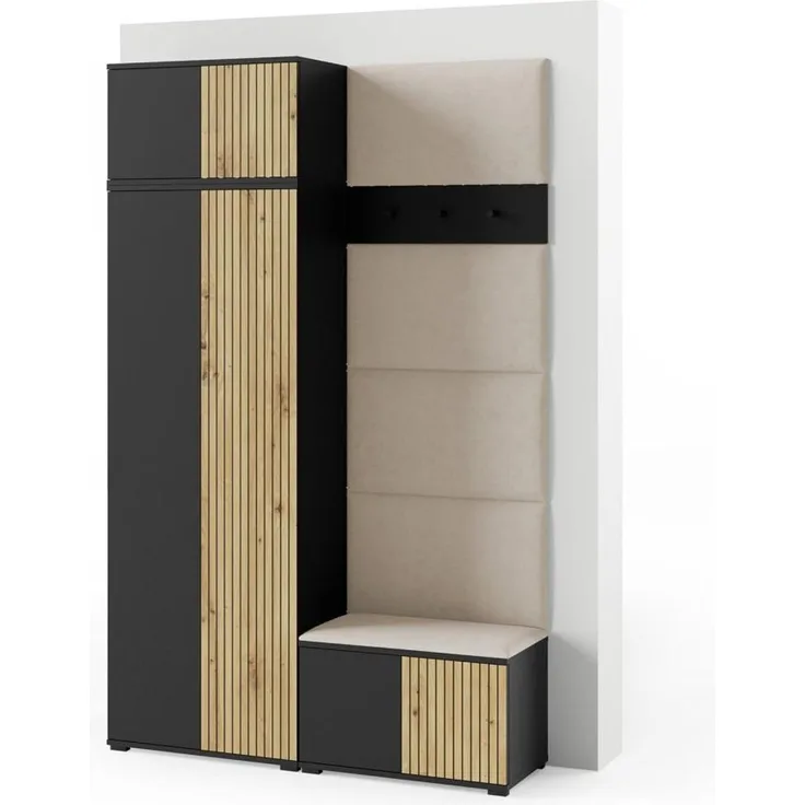 Garderoben-Set Rosario Version 2 mit Lamellen, Kleiderschrank mit Polsterplatten und Schuhschrank (Schwarz / Eiche Artisan, Trinity 02), 225 x 40 x 140 cm