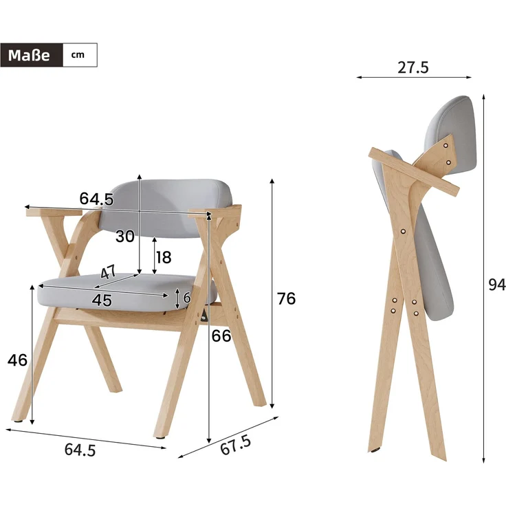 2 klappbare Esszimmerstühle, Esszimmerstühle aus Massivholz, bequem und atmungsaktiv, faltbar und verstaubar, geeignet für Esszimmer, Wohnzimmer, Café, moderner Stil, Leinen, grau--Herde--64.5x66.5x76cm--YOUDENOVA – Bild 4