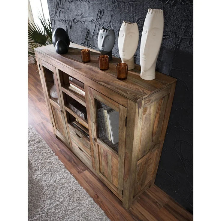 Highboard Sheesham 140x40x120 grau geölt NATURE GREY #63 – Bild 4
