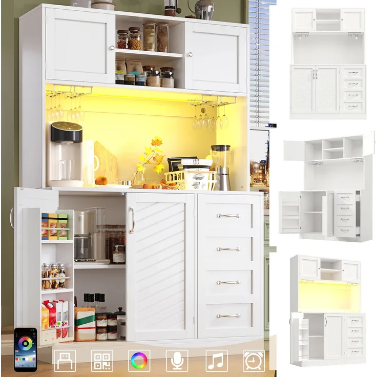 Seitenboard / Aufbewahrungsschrank / Küchenschrank / Buffetschrank, 120x40x188cm, mit LED-Beleuchtung, Snackregal & Getränkehaltern, 4 Türen & 2 große Schubladen, Grün/Schwarz/Weiß--Weiß--120x40x188cm--YOUDENOVA