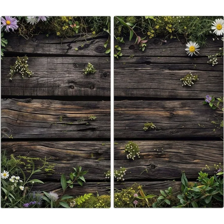 Primedeco Herd-Abdeckplatte Herdabdeckplatte Spritzschutz aus Glas Holz mit Blumen, Glas, (2 tlg)