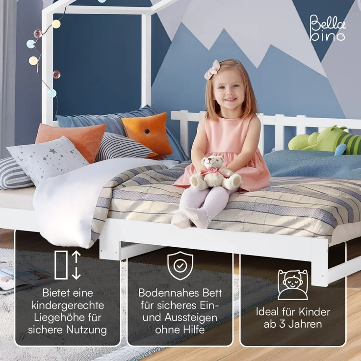 Bellabino 'Bia' Hausbett 90x200 cm/180x200 cm mit 2x 90x200 cm Matratze, weiß, Kiefer Massivholz, Bodenbett in Hausoptik, ausziehbares Kinderbett mit Lattenrost – Bild 3