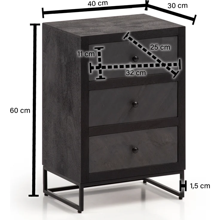 FineBuy Nachttisch aus Mango Massivholz mit Fronten in Steinoptik und 3 Schubladen – Design Nachtkonsole, Nachtschrank für Boxspringbett - Nachtkästchen 40x60x30 cm – Bild 3