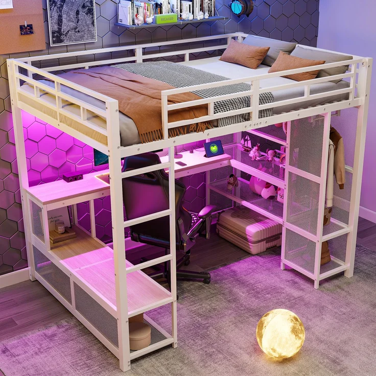 U-life Metall-Hochbett 140x200 cm mit Schreibtisch, offenem Kleiderschrank, LED-Beleuchtung und USB-Ladestation, Weiß – Bild 4