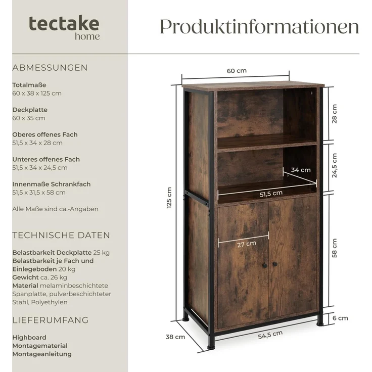 tectake Highboard Doncaster (Highboard, Montagematerial, Montageanleitung), Industrial Style – Bild 6