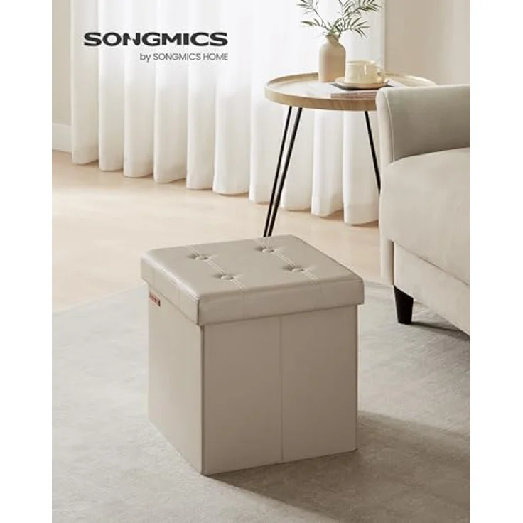 Songmics Sitzhocker 38 cm, Aufbewahrungsbox faltbar, Fußhocker mit Deckel, aus Kunstleder, bis 300 kg belastbar, für Eingang, Wohnzimmer, Schlafzimmer, kamelbraun LSF030K13 – Bild 3