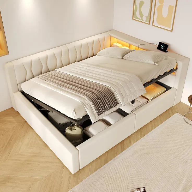 Schlafsofa mit LED-Streifen, Lattenrost, Regal, Rückenlehne, Aufbewahrung, Type-C und USB, 140x200 cm, Polsterbett, Stauraumbett, Tagesbett, Leinen