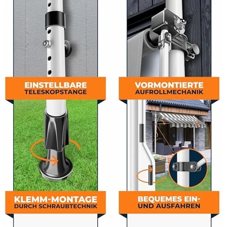 KESSER® Klemmmarkise mit Handkurbel & LED Lichterkette | Balkonmarkise ohne Bohren | Markise UV-beständig höhenverstellbar & wasserabweisend | Sonnenschutz für Balkon Terrasse & Garten Weiß / Grau, 350cm – Bild 3