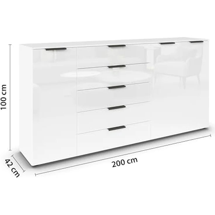 Rauch Möbel Flipp, Kombikommode, Kommode mit Stauraum für Wohnzimmer, Schlafzimmer, Flur, 4 Fachböden, Alpinweiß/Glasfront Weiß, 3-türig, Glastüren, 5 Schubkästen, Griffe graphit, 199 x 100 x 42 cm – Bild 4