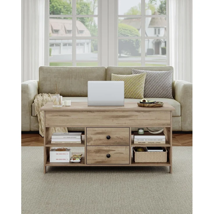 Couchtisch, höhenverstellbarer Wohnzimmertisch, Sofatisch, 2 Schubladen und Versteckter Stauraum, 50 x 100 x 47,3-61,3 cm, für Wohnzimmer, Esszimmer, Büro, Kamelbraun-Schwarz – Bild 1