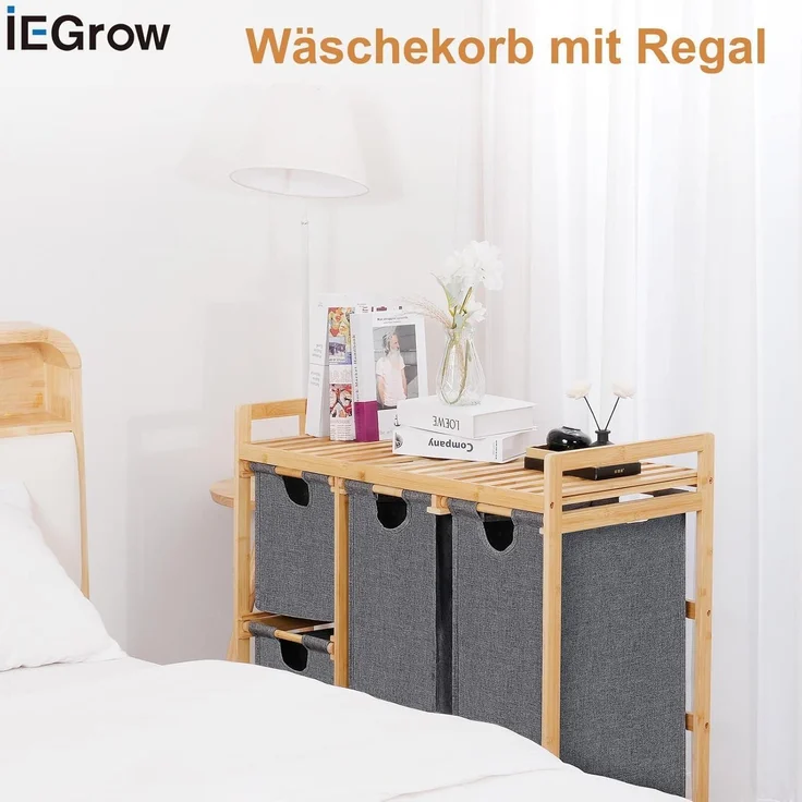 iEGrow Wäschekorb 3 Fächer Rollen Bambus 150L Schmutzwäsche Oxford-Gewebe – Bild 4