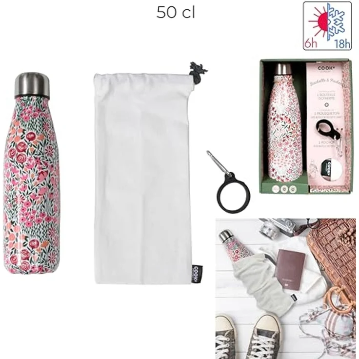 COOK CONCEPT - Ka4650 - Isolierflasche im Blumendesign - mit abnehmbarem Karabiner - Edelstahl - Warm/Kalt - Maße: 6,5 x 6,5 x 25,2 cm - Takeaway-Küche – Bild 2