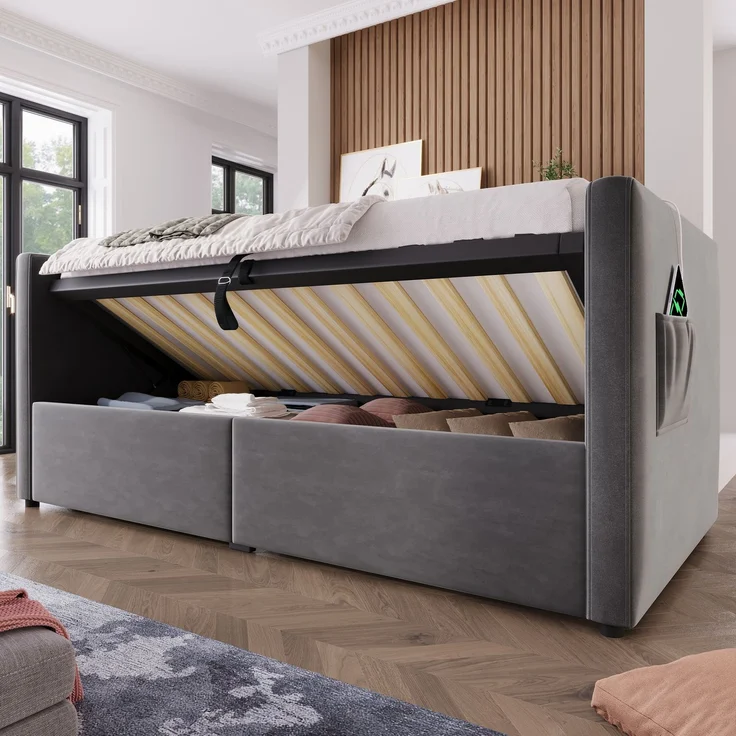 Polstertes Schlafsofa 205×106×75cm,Samt mit hydraulischem Stauraum, USB- & Type‑C‑Ladestation,Grau – Bild 4