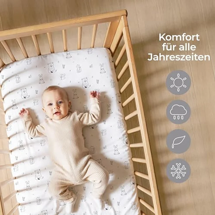 Dreamzie 2er Set Spannbettlaken 40x90 cm Beistellbett - Baumwolle Oeko-Tex - Bettlaken für Stubenwagen & Babybett klein - Woodland Weiß/Grau – Bild 5