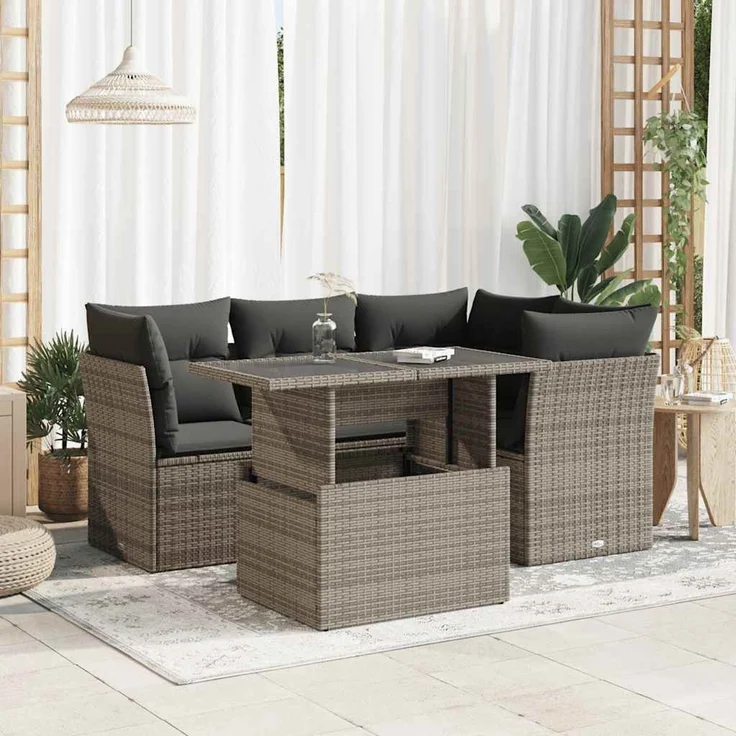 vidaXL 5-tlg. Garten-Sofagarnitur mit Kissen Grau Poly Rattan 3326151 – Bild 1