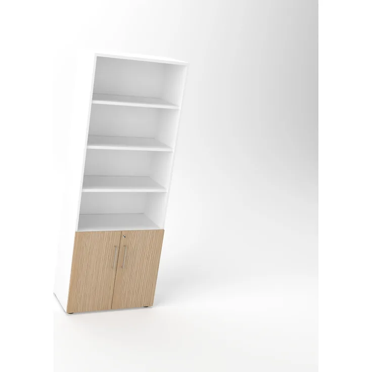 Rheinland Möbel Flügeltürenschrank Cabino 80×42×216 cm – abschließbarer Aktenschrank 2OH mit Regalaufsatz 4OH in Weiß/Eiche mit 110° Drehtüren & Metallgriff