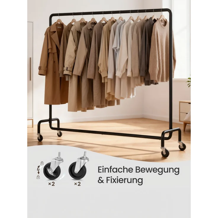 SONGMICS Kleiderständer auf Rollen, ausziehbare Kleiderstange, bis 110 kg belastbar, 45 x (160-200) x 162,9 cm, schwarz – Bild 4