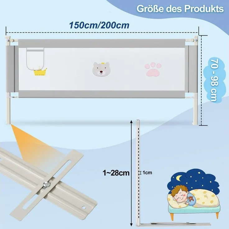 Clanmacy Bettschutzgitter 3X Bettgitter Bettschutzgitter Kinderbettgitter Kinder Baby Bettschutz (150+200+200CM, 3 St), aus Metall