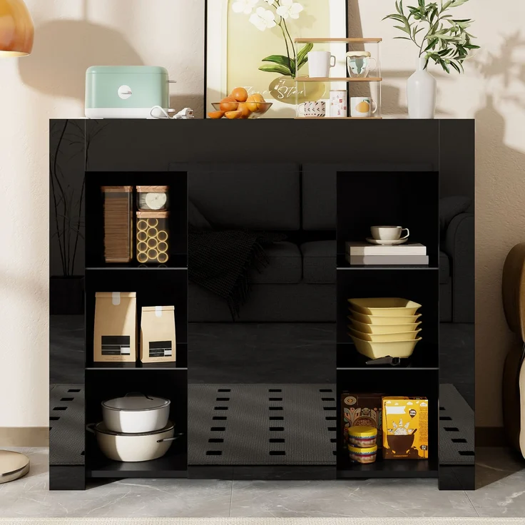 Abrihome Küchenschrank Buffet mit Glasregalen und Schranktür, Schwarz, 83x35x95 cm – Bild 7