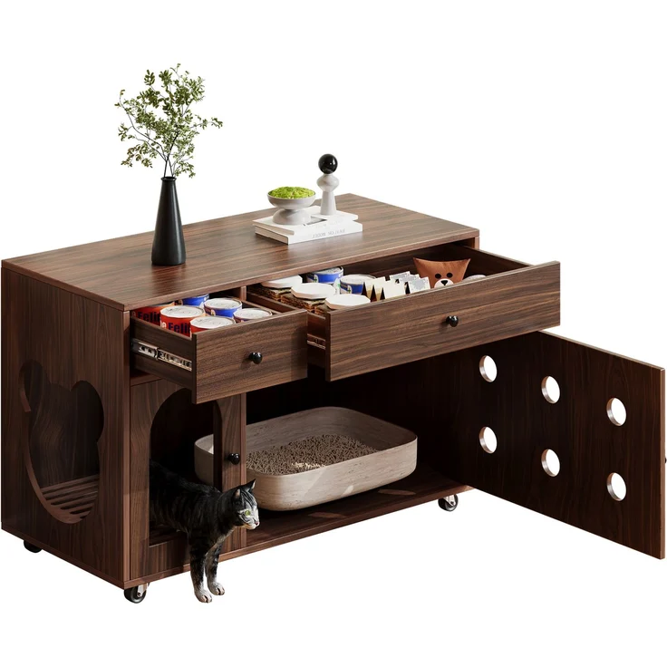 Katzenstreukasten-Schrank mit Sandfangplatte, Doppel-Schubladen, Lüftungslöchern, leise Rollen,verstecktes Katzenklo,Walnuss – Bild 8