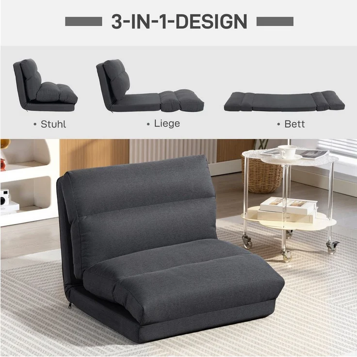 HOMCOM Bodenkissen mit Bettfunktion, Leinenoptik, für Wohnzimmer Schlafzimmer Dunkelgrau – Bild 3