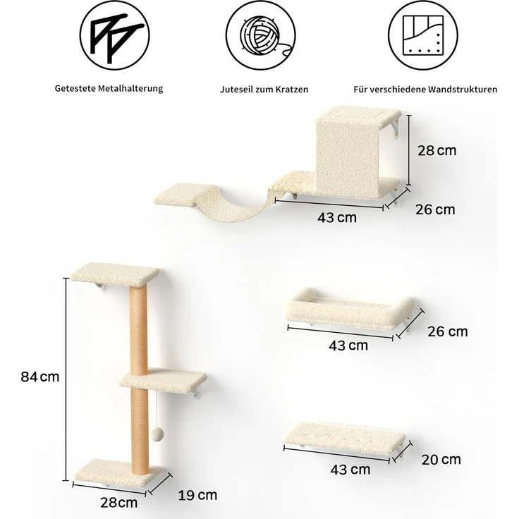 FUKUMARU Kletterwand Katzen Set, 10-teilig Katzen Kletterwand Set, aus robuster Multiplexplatte，Hängematte Katze mit Katzenhaus, Katzenbrücke, Katzenbaum, Katzentreppe bis zu 18 kg, Beige – Bild 6