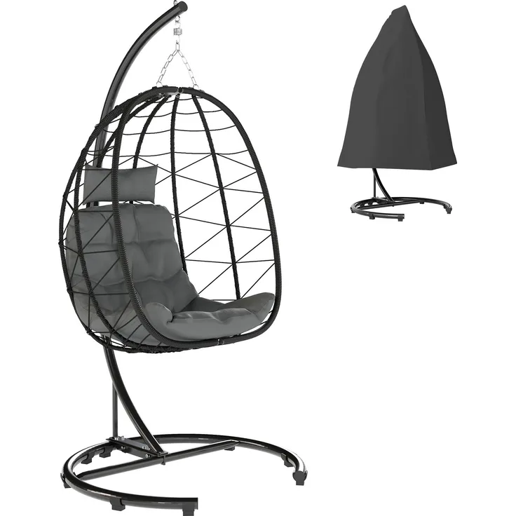 MELAYR, Hängesessel Outdoor Hängesessel Egg Chair, wetterbeständig, inkl. Polster, 102 cm x 102 cm x 195 cm, Schwarz