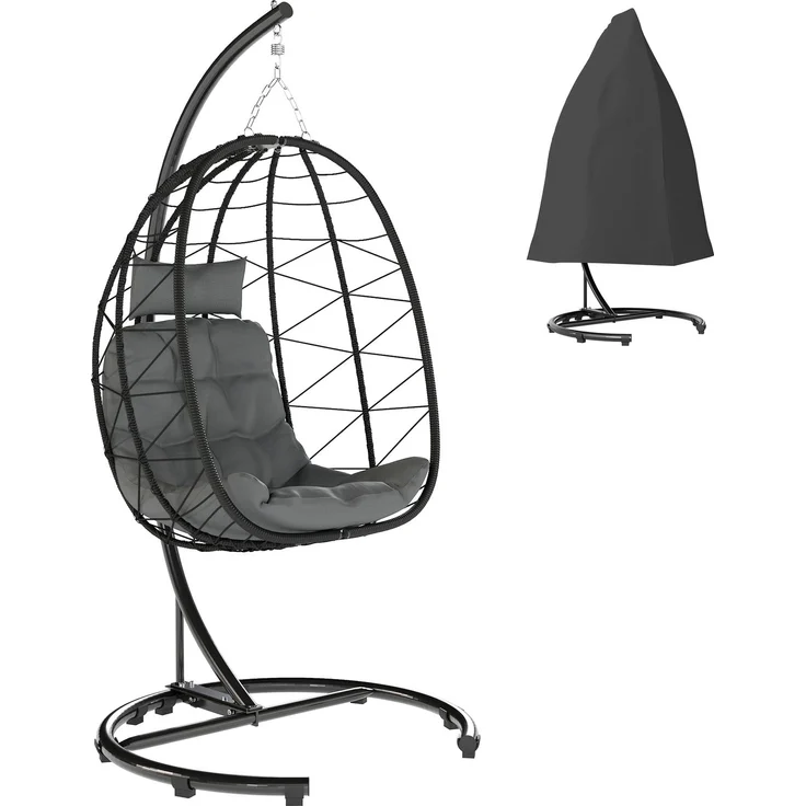 MELAYR, Hängesessel Outdoor Hängesessel Egg Chair, wetterbeständig, inkl. Polster, 102 cm x 102 cm x 195 cm, Schwarz – Bild 1