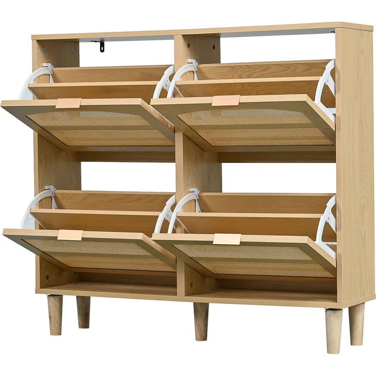 Merax Schuhschrank, Schuhkommode, mit 4 Klappschubladen, Schuhkommode aus Rattan mit Metallgriffen, Schuhregal, Oak – Bild 9